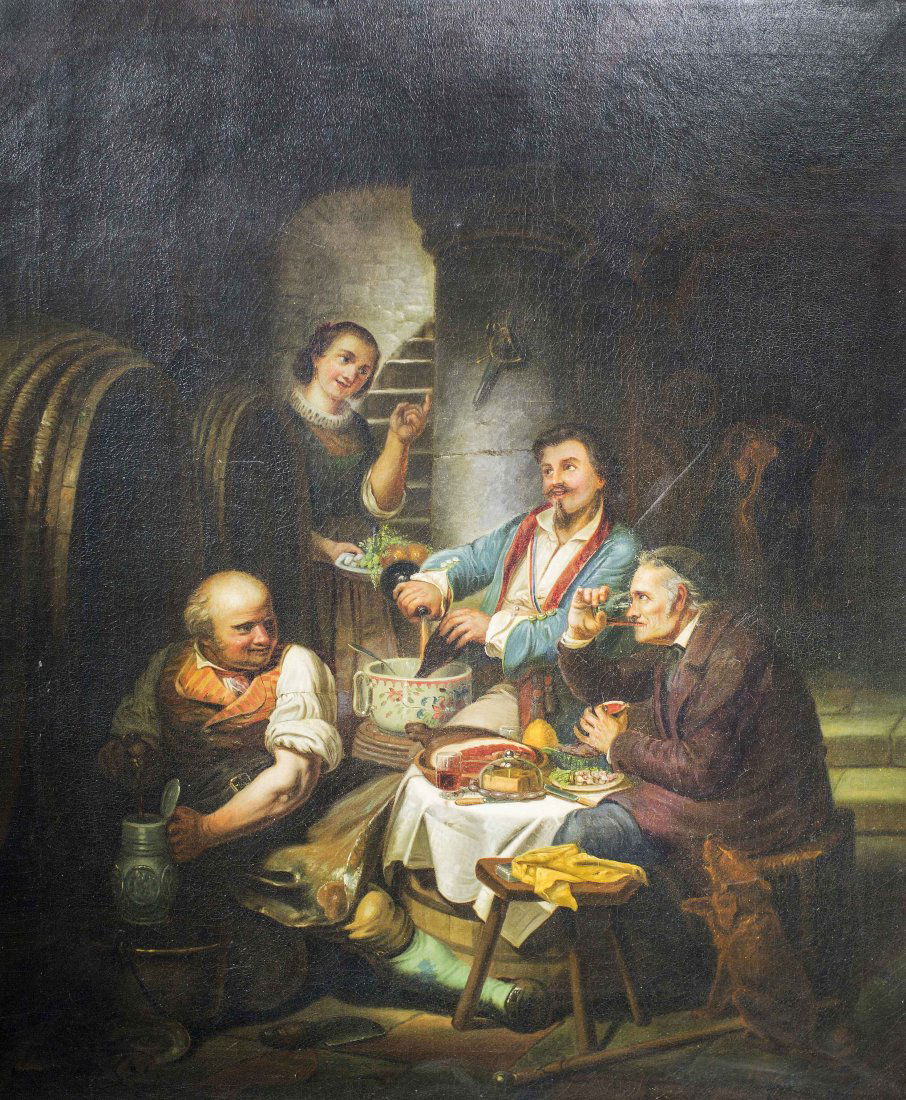 GERMAN SCHOOL (19th Century): GERMAN SCHOOL (19th Century) Untitled "Kitchen Scene". Signed and dated indistinctly 18.., l/r. Oil on canvas. Measuring 35 by 29 inches.