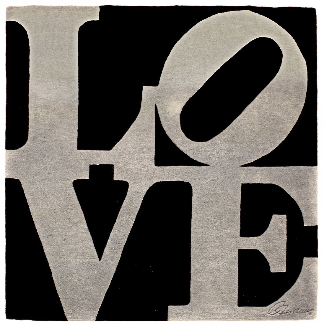 Robert Indiana, (American, b. 1928): Robert Indiana, (American, b. 1928) Winter Love wool rug signed 'R. Indiana' in right corner within the pile, also signed in ink marker and numbered 94/300 on 'Master Contemporary Original Artist Rugs