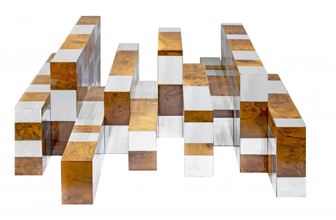 Paul Evans Burlwood and Chrome Directional Cityscape: Property Formerly from the Estate of A Palm Beach Lady Paul Evans Burlwood and Chrome Directional Cityscape Low Table, circa 1975, with attached Paul Evans plaque, the square glass top above a base of