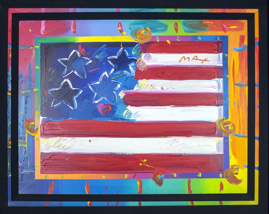 Peter Max, (b. 1937): Property from A Private Florida Collection Peter Max, (b. 1937) Flag with Heart, 1995 signed Max on the flag, stamped May ©, dated 1995 acrylic on canvas 34 by 43 in., framed: 43 by 52 in.