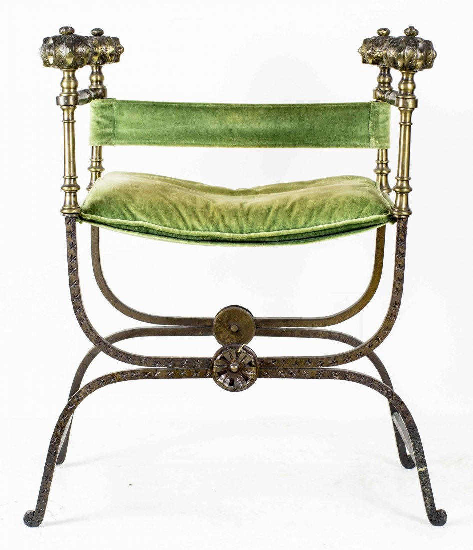 RENAISSANCE STYLE BRASS AND IRON CURULE CHAIR: RENAISSANCE STYLE BRASS AND IRON CURULE CHAIR, 19th Century, with finials cast to resemble mace heads. Width 25 in.
