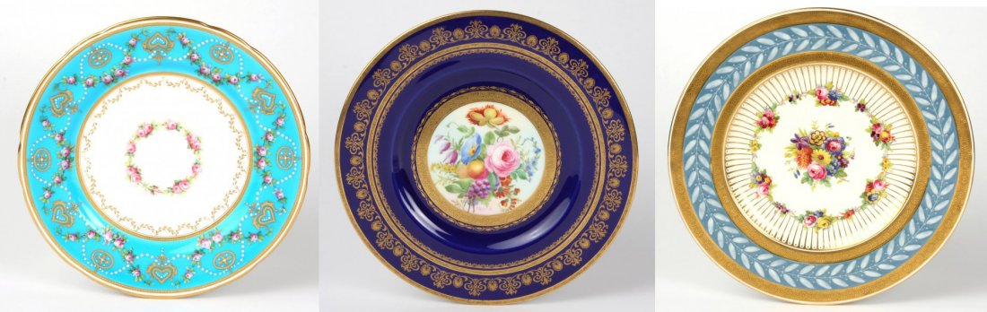 TEN VARIOUSLY DECORATED MINTON PORCELAIN PLATES: TEN VARIOUSLY DECORATED MINTON PORCELAIN PLATES 20th century, five signed J. Colclogh, all with various Minton marks, most with foliate motifs and gilt highlights, one with pate sur pate flowers in a 