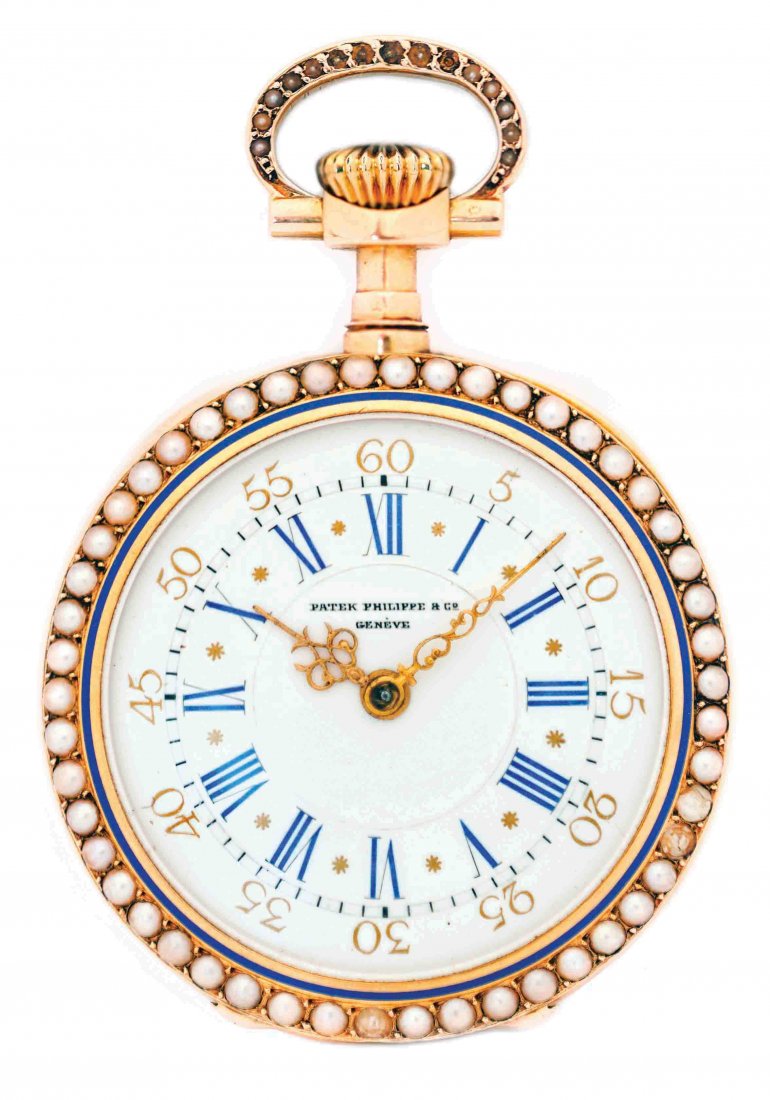 PATEK PHILIPPE 18KT GOLD, CULTURED PEARL AND ENAMEL: PATEK PHILIPPE 18KT YELLOW GOLD, CULTURED PEARL AND ENAMEL POCKET WATCH Swiss. 1925-1930, No. 206331. The circular dial, with Roman and Arabic numerals, with cultured pearl bezel on both side, and the