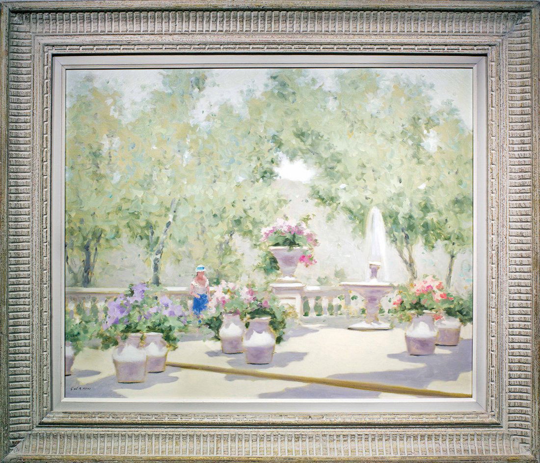 ANDRE GISSON, (American, 1921-2003): ANDRE GISSON, (American, 1921-2003) Terrace with Girl Amidst Potted Spring Flowers signed Gisson, l. l. oil on canvas 24 by 30 in.