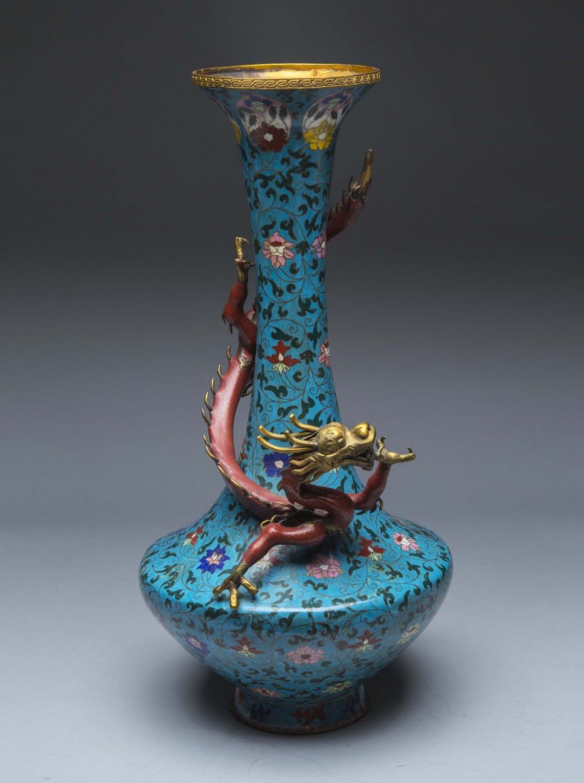 CHINESE DRAGON MOUNTED CLOISIONNIE ENAMEL VASE: CHINESE DRAGON MOUNTED CLOISIONNIE ENAMEL VASE, the blue ground long necked bottle form vase with an entwined dragon. Height 21 in.