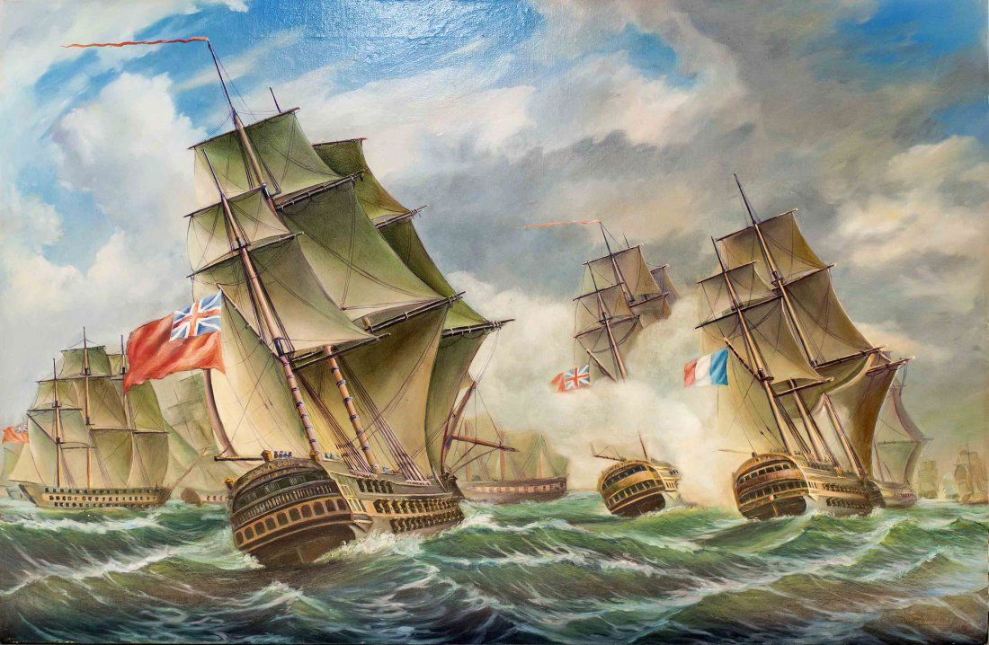 CONTINENTAL SCHOOL (20th Century): NO RESERVE - NO MINIMUM CONTINENTAL SCHOOL (20th Century) Ships at Sea oil on canvas signed indistinctly l.r. Measuring 24 by 36 in.