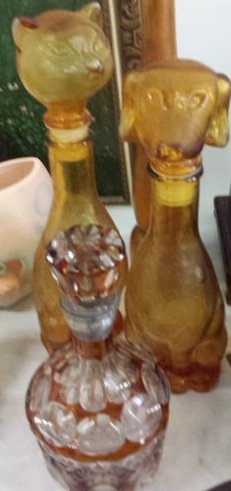 PR.OF AMBER GLASS CAT & DOG BOTTLES & A 17) ASSORTED OLD GLASS BOTTLES Jun 28