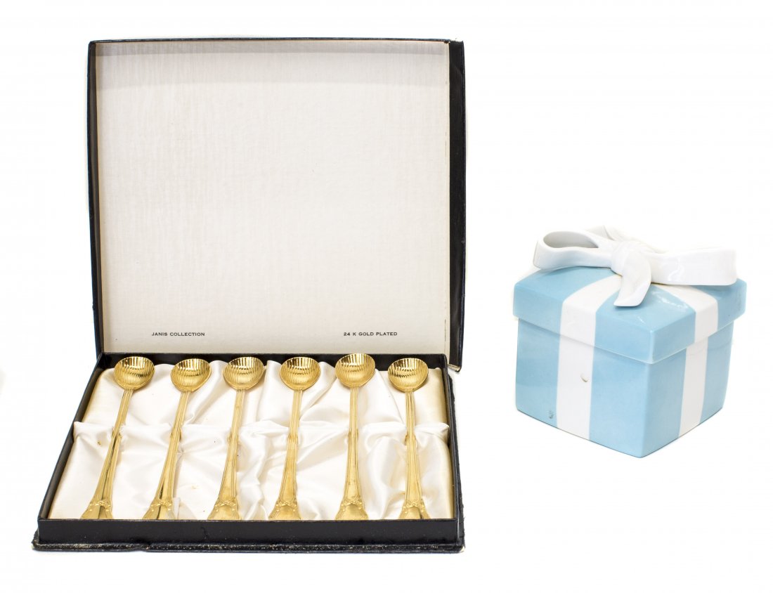 SIX 24 K. GOLD PLATED SPOONS & A TIFFANY PORCELAIN BOX: NO RESERVE - NO MINIMUM SIX SWEDISH 24 K. GOLD PLATED ICED TEA SPOONS AND A TIFFANY & COMPANY PORCELAIN GIFT BOX, the spoons, Janis Collection, impressed Sweden, chased with stylized shells and scroll