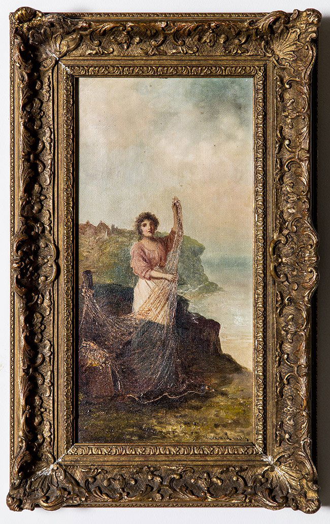 WILLIAM LANGLEY, WOMAN MENDING A FISHING NET, O/C: WILLIAM LANGLEY,(BRITISH) Woman Mending a Fishing Net, late 19th century signed lower right the reverse with a stamp Windsor & Newton/Rathbone Place/London oil on canvas 14 by 9 in. (approx) in a roco