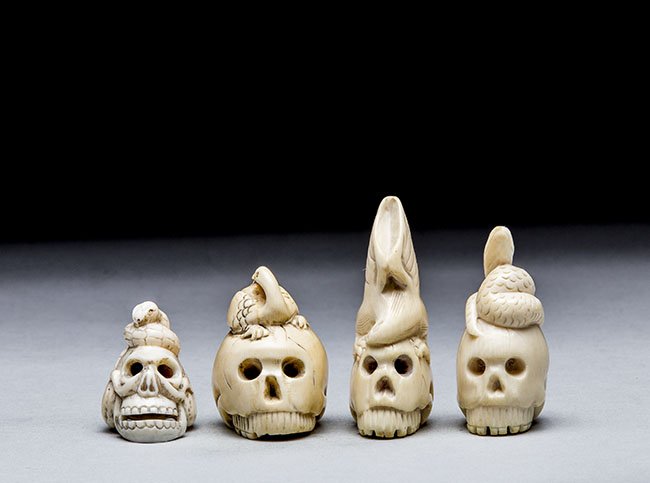 FOUR CARVED IVORY "SKELETON HEAD" NETSUKE: FOUR CARVED IVORY "SKELETON HEAD" NETSUKE Height from 2 1/8 in. (5.4 cm.) to 1 1/4 in. (3.2 cm.)