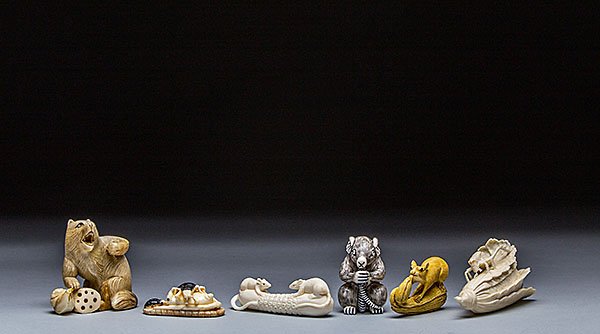 FOUR NETSUKE AND TWO CHINESE IVORY CARVINGS: FOUR NETSUKE AND TWO CHINESE IVORY CARVINGS The first netsuke of a rat, the second netsuke of rats on an eggplant, the third netsuke of a rat, the fourth netsuke of insects fighting, a Chinese carved 
