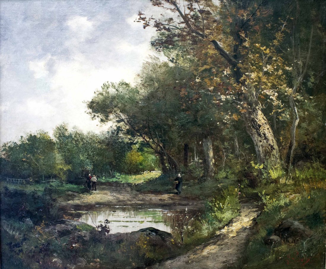 CONTINENTAL SCHOOL, A WALK IN THE PARK, OIL ON BOARD: PROPERTY OF A PALM BEACH GENTLEMAN CONTINENTAL SCHOOL20th Century FIGURES IN A WOODED LANDSCAPE WITH A STREAM signed indistinctly (lower right) oil on board 21 by 25 in., overall 26 by 30 in.
