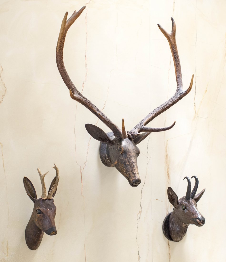 THREE CARVED WOOD AND ANTLER TROPHIES: CARVED WOOD AND ANTLER DEER AND MOUNTAIN SHEEP WALL MOUNTED TROPHIESProbably American, 20th Century Each realistically carved head with a conforming pair of antlers. Dimensions of Largest: Height 38 i