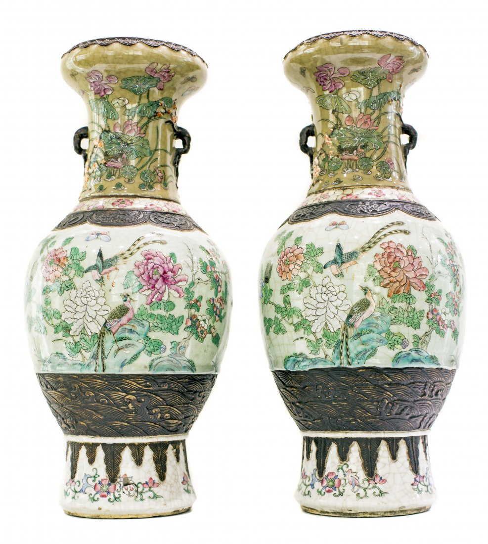 PAIR LARGE CHINESE PORCELAIN BALUSTER VASES: PROPERTY OF A PALM BEACH LADY PAIR LARGE CHINESE ENAMEL DECORATED PORCELAIN BALUSTER VASES, circa 1900, each of shaped baluster form, with brown glazed molded borders, painted with figures at leisurel