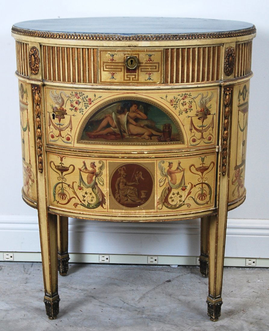 GEORGE III STYLE PAINTED BEDSIDE CUPBOARD, G. BROOKSHAW: GEORGE III STYLE FAUX MARBLE-INSET PAINTED OVAL BEDSIDE CUPBOARD, circa 1930,decorated in the manner of George Brookshaw, the body with a band of flutes fitted with a drawer, above a cupboard opening