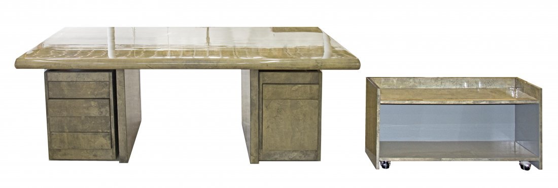 EXECUTIVE DESK PROBABLY CARL SPRINGER: FINE CONTEMPORARY CUSTOM GREEN LACQUER FAUX PARCHMENT EXECUTIVE DESK & FILE STANDUnsigned, possibly Carl Springer, rectangular and finished on all four sides, the side drawers pulling forward with a s