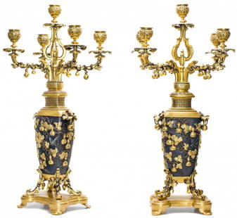 VERY FINE PAIR 19TH CENTURY CHRISTOFLE & CIE CANDELABRA: CHRISTOFLE & CIE., FINE PAIR OF FRENCH JAPONISME GILT & PATINATED BRONZE FIVE-LIGHT CANDELABRA19TH CENTURYEach signed CHRISTOFLE & CIE and numbered 984927, 984929 Finely decorated with meander leafy