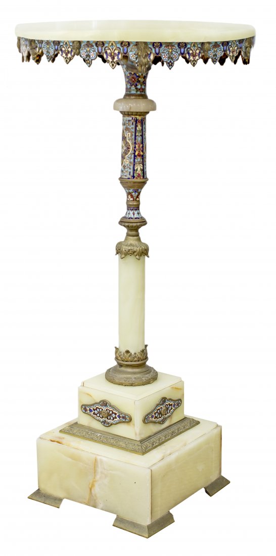GREEN ONYX, CHAMPLEVÉ AND GILT-BRONZE MOUNTED PEDESTAL: GREEN ONYX, CHAMPLEVÉ AND GILT-BRONZE MOUNTED PEDESTAL TABLE Height 34 1/4 in., Diameter 16 1/2 in. Height 87 cm, Diameter 42 cm