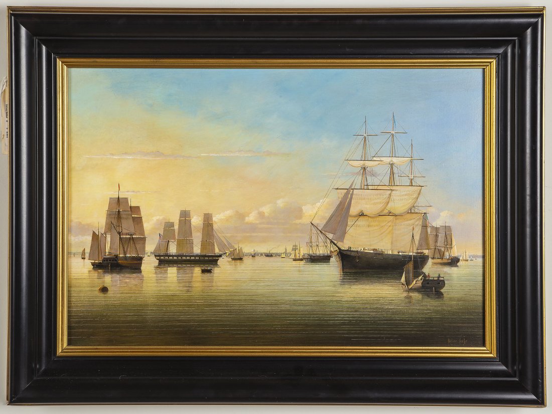 BRIAN COOLE (BRITISH-AMERICAN, B. 1939) BOSTON HARBOR: Brian Coole(British-American, b. 1939) BOSTON HARBOR signed Brian Coole (lower right) oil on board 19 by 29 1/2 in., overall 28 by 37 1/2 in 48.2 by 74.9 cm, overall 71.1 by 95.2 cm cf.</