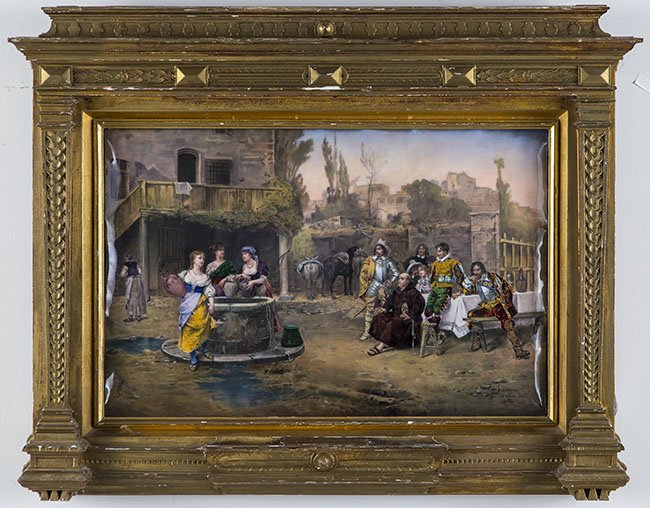 FINE CONTINENTAL PAINTED ENAMEL ON COPPER PANEL: FINE CONTINENTAL PAINTED ENAMEL ON COPPER PANELThird Quarter 19th Century Probably Limoges, signed Edward Lavigne, after a painting by the Italian Cesare Augusto Detti (1847-1914), depicting an outdoo