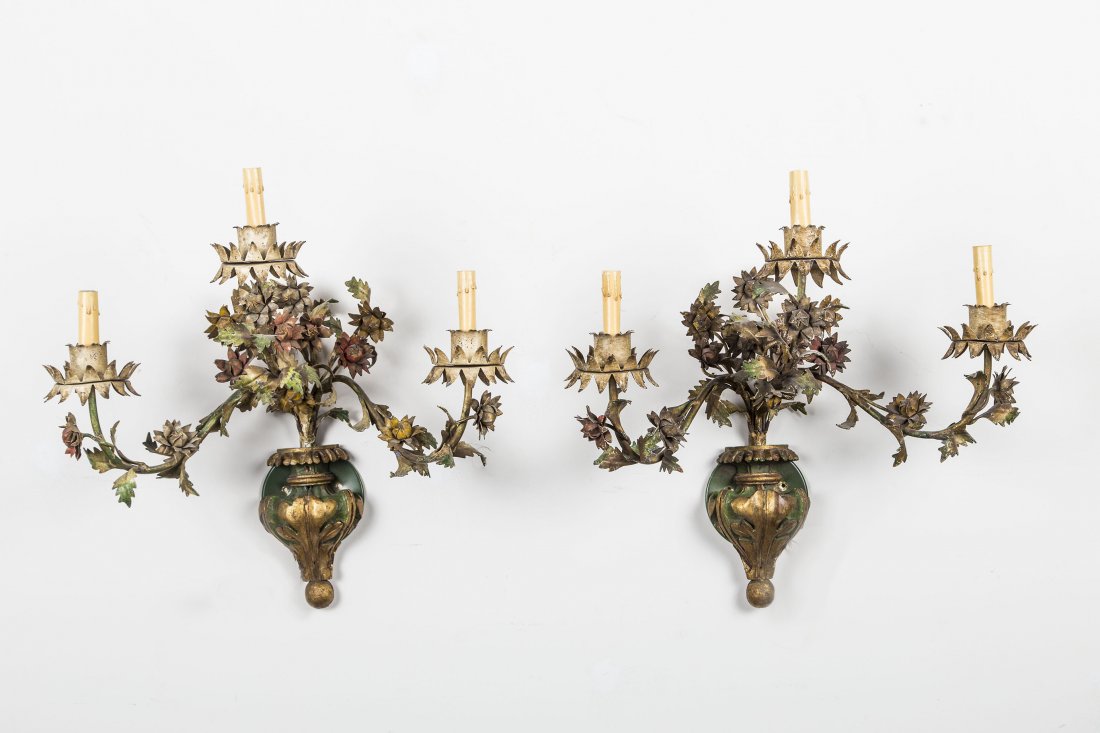 PAIR FINE FRENCH PAINTED AND PARCEL GILT SCONCES: PAIR FINE FRENCH PAINTED & PARCEL GILT TOLE PEINTE THREE-LIGHT SCONCESCirca 1930Each with a leaf carved urn-form wall mount, supporting three tole candle branches and drip pans, the arms and central f