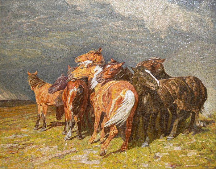 FINE ITALIAN MOSAIC PLAQUE, SAINT PETERS, 20TH CENTURY: FINE ITALIAN MOSAIC PLAQUE OF "HUDDLED WILD HORSES" Fabricated in the workshops of Saint Peters, Rome, 20th century, the reverse with partial label, worked with various pieces of stone to depicting a 