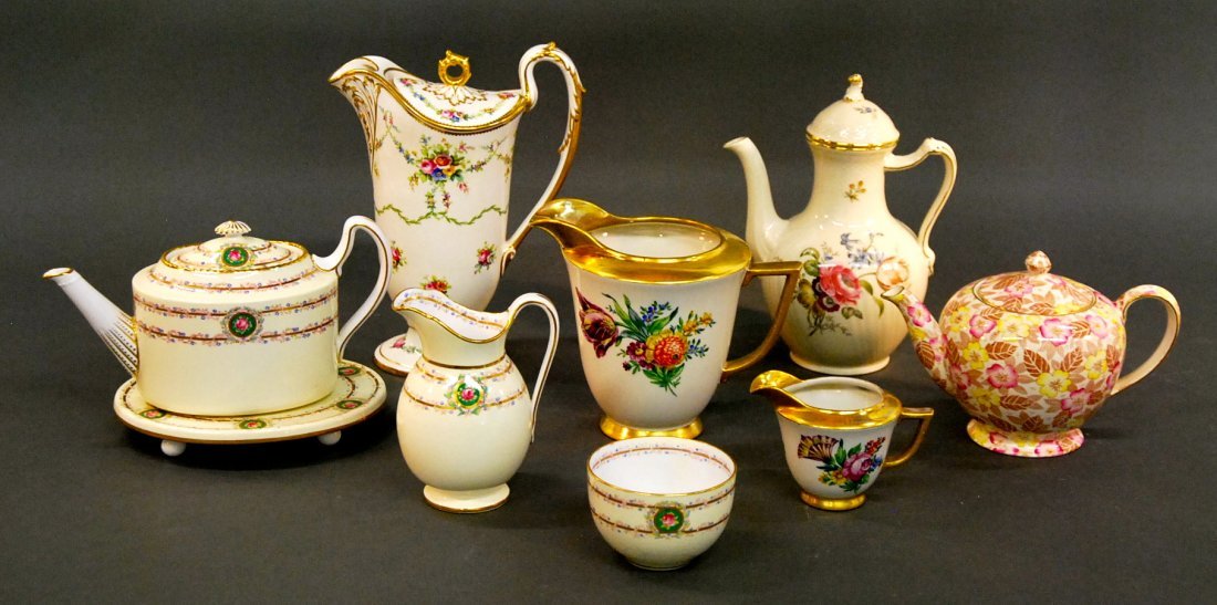 NINE ENGLISH AND DANISH PORCELAIN TEA SERVICE ITEMS: NINE ENGLISH AND DANISH PORCELAIN TEA SERVICE ITEMS 20th century, comprised of a Minton elegantly shaped tapered parcel gilt flower decorated coffee pot, the underside marked, a Royal Copenhagen flora