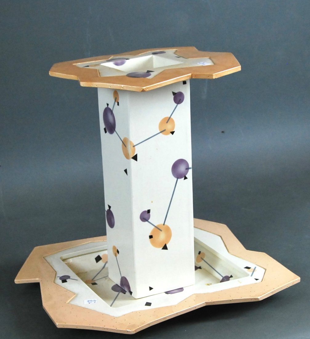 POST MODERN CERAMIC VASE & UNDERPLATE, RITA DUVALL,1982: RITA DUVALL, FINE POST MODERN CERAMIC VASE AND UNDER PLATE signed on the underside and dated 1982 the vase of tall square form with a flared and shaped rim, the under plate with a deep central recess