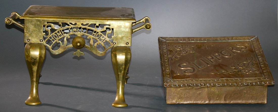 ENGLISH BRASS FIRE PLACE TRIVET & HAMMERED BRASS BOX: ENGLISH BRASS FIRE PLACE TRIVET AND A HAMMERED BRASS BOX, the first late 19th century, with handles at the side, cabriole legs and pad feet, the front pierced with the phrase “Home Sweet Home”, th