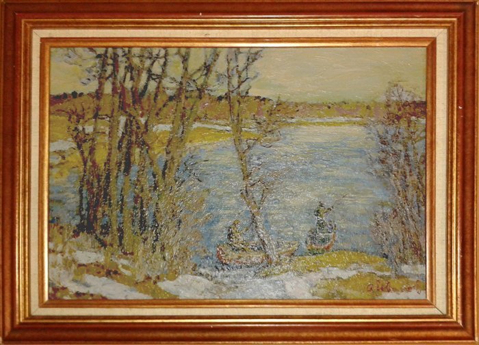 CONTINENTAL, POSSIBLY RUSSIAN, O/C, WOODLAND LANDSCAPE: CONTINENTAL SCHOOL, Possibly Russian ‘Lake Fishing’, 20th century singed indistinctly, , lower right the reverse titled, signed A. Ubairol, Ma P…wake, XM oil on canvas 13 by 18 in, overall 16 by