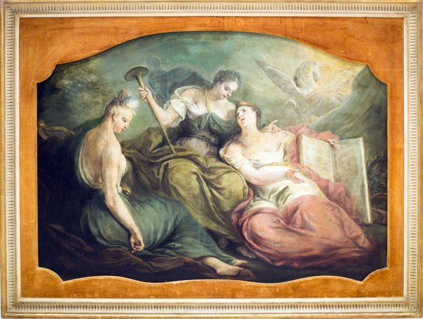 AFTER BOUCHER, THREE ALLEGORICAL FIGURES, O/C: CONTINENTAL SCHOOL, 18th/19th Century After Boucher, Three Female Allegorical Figures unsigned oil on canvas overall 51 in. by 66 in. (approx.)