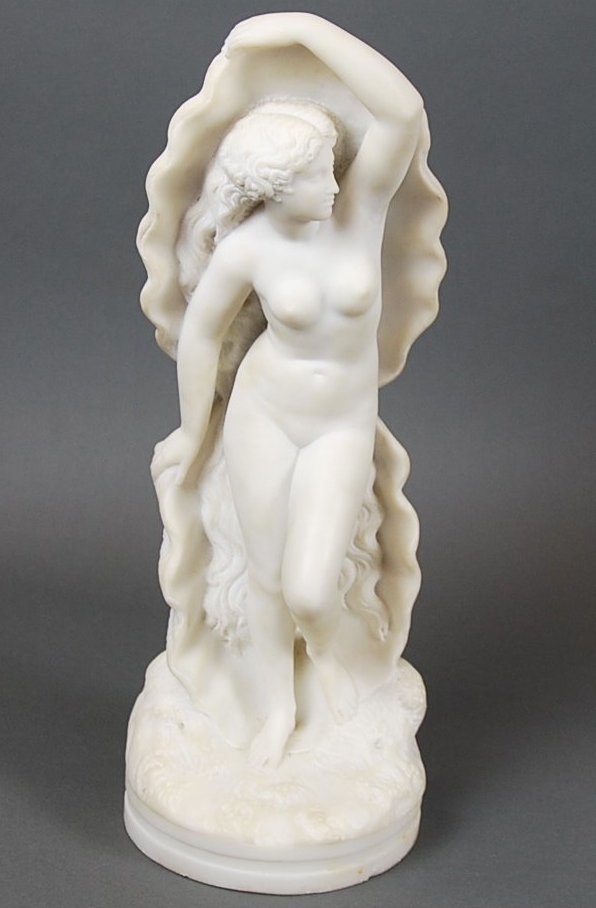 XAVIER MARIE-AUGUSTE COURTET,(FRH, B.1821), MARBLE NUDE: XAVIER-MARIE-AUGUSTE COURTET, (French,1821-1891) Female Nude (Venus) Before a Double Shell, 1859 carrera marble incised faintly on the circular portion of the base, A. Courtet 1859 Height 18 1/2 in., 