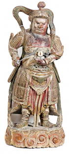 CHINESE CARVED POLYCHROMED WOOD WARRIOR: PROPERTY FROM A PALM BEACH, FL. AND GREENWICH, CT. COLLECTOR CHINESE POLYCHROME CARVED WOOD FIGURE OF A SOLDIER 19th century, the standing figure helmet and full battle armor, on a stylized cloud car