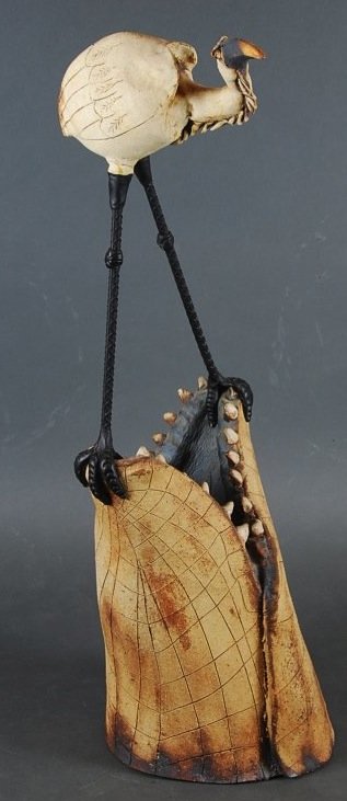 TODD WARNER, (Amer), 'CROCODILE & HERON',: TODD WARNER, (American) 'Crocodile Head and Heron', 1984signed Todd Warner, dated 1984, copyright 68stoneware and metalHeight 34 in., Width 12 in. Cf. Todd Warner was born in Ft. Worth, TX., and educa