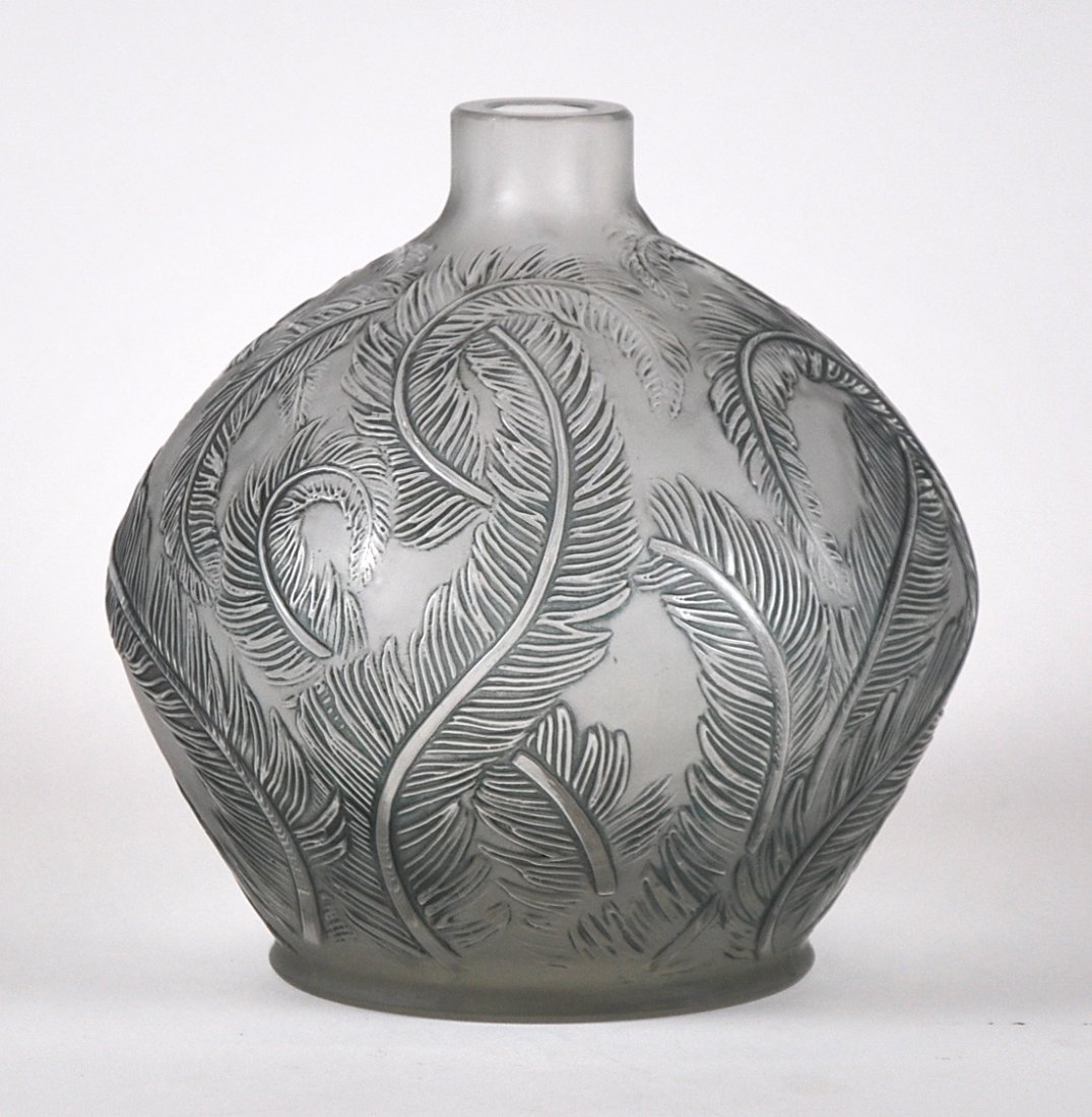 RENE LALIQUE 'PLUMES' circa 1920: RENE LALIQUE 'PLUMES' A frosted glass vase with grey patina, model introduced 1920 Marcilhac 944 8.60 in.(21.5 cm.) high inscribed R. Lalique France