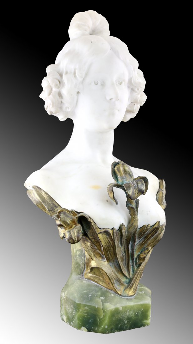 A. GORY: ONYX, MARBLE & BRONZE BUST OF A MAIDEN, 1890: FRENCH ART NOUVEAU GILT BRONZE, ONYX AND MARBLE BUST OF A MAIDEN, AFFORTUNATO GORY circa 1890, signed A. Gory, the bountifully busted carrara marble maiden with curls and a top-knot merges from a spra