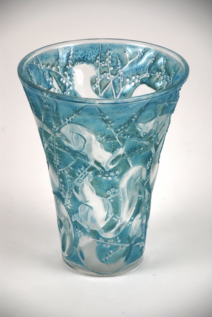 RENE LALIQUE 'SENART' circa 1934: RENE LALIQUE 'SENART' A clear and frosted glass vase with blue patina, model introduced 1934 Marcilhac 1098 8.28 in.(20.7 cm.) high etched R. LALIQUE