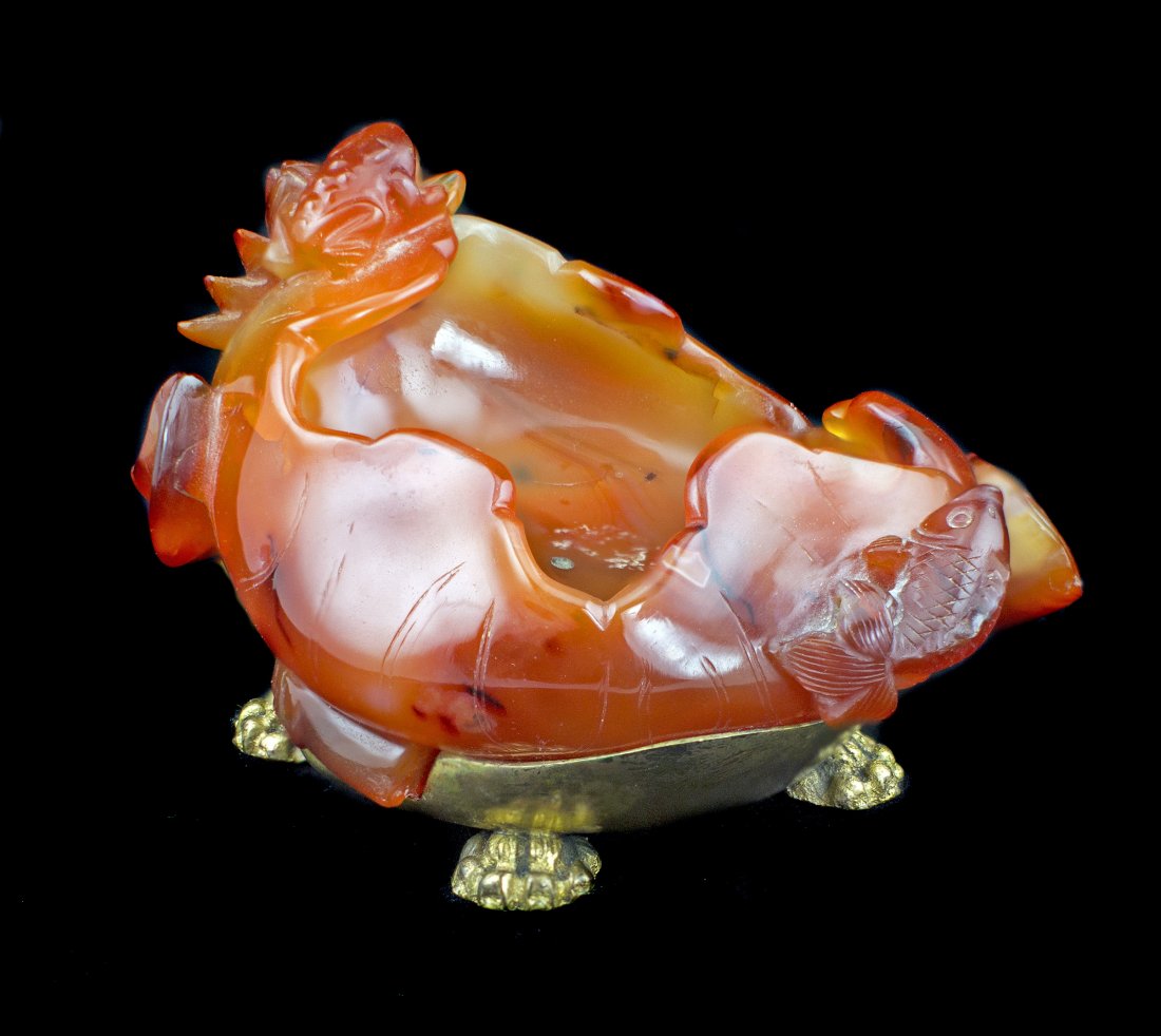 1335-148 CHINESE GILT METAL MTD CARVED CARNELIAN COUP: CHINESE GILT-METAL MOUNTED CARNELIAN AGATE COUP,
