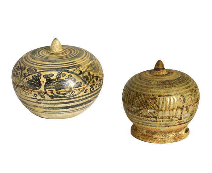 TWO ANTIQUE THAI CERAMIC COVERED JARS: TWO ANTIQUE THAI CERAMIC COVERED JARS With a tag stating South Annam 15th Century. 3 1/2 in. (8 3/4 cm)