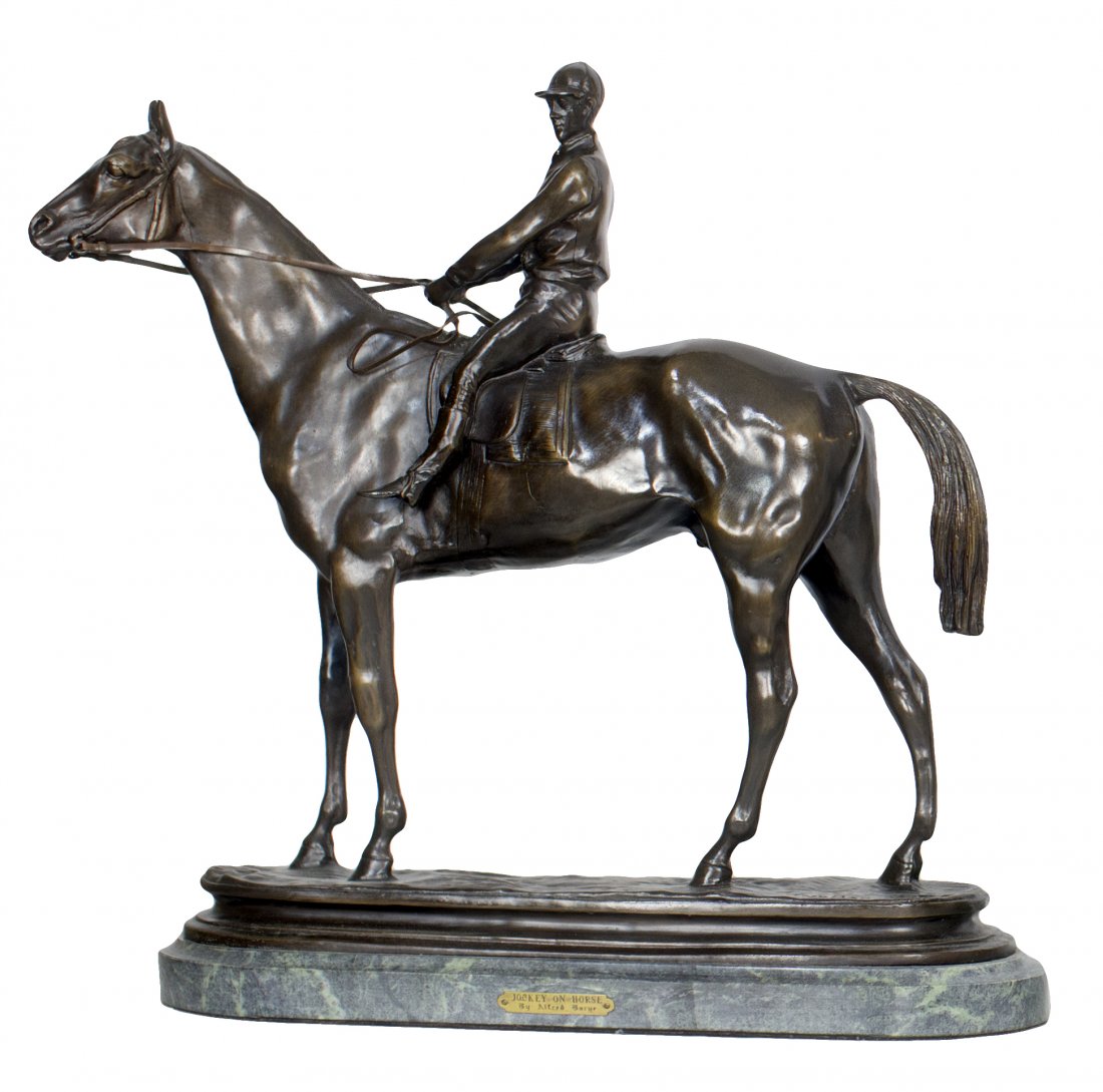 NO RESERVE, HORSE ON JOCKEY, AFTER ANTOINE-LOUIS BARYE: NO RESERVE AFTER ANTOINE-LOUIS BARYE (FRENCH, 1796-1875) 20th century, a patinated bronze equestrian race horse and rider, the bronze signed, ALFRED BARYE FILS, sculpteur, dated 1869, mounted on a mar
