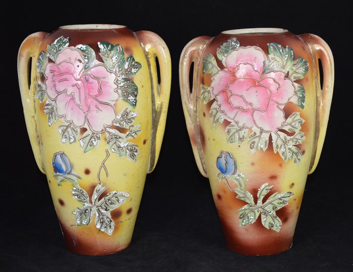 PAIR OF NIPPON POTTERY VASES, JAPANESE, 20TH CENTURY: NO RESERVE PAIR OF NIPPON POTTERY VASES, JAPANESE, 20TH CENTURY Each enameled with flowers on an ivory ground. Height 12 in. (30 cm)
