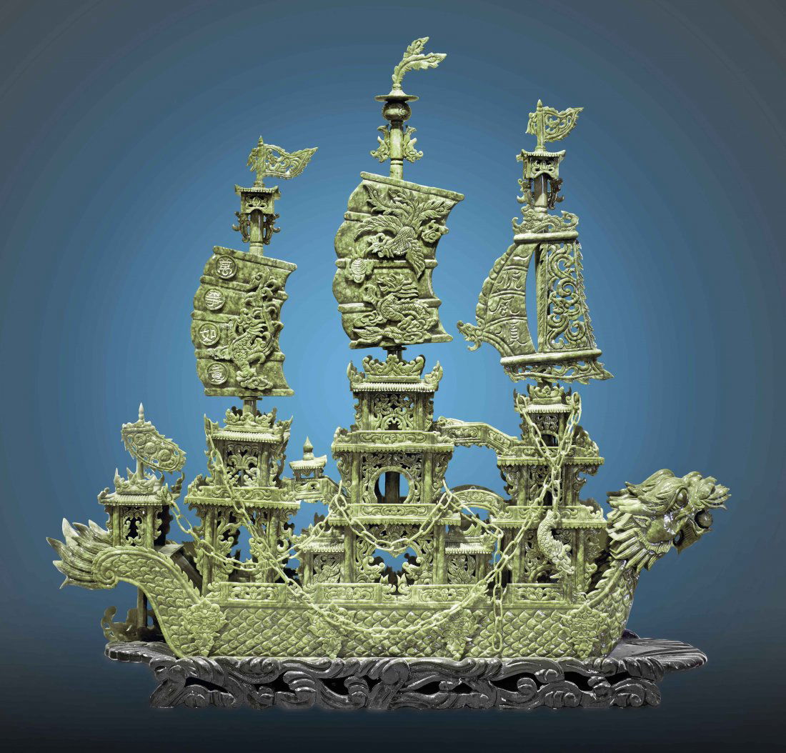 CHINESE CARVED SERPENTINE DRAGON SHIP, 20th Century: IMPRESSIVE CHINESE CARVED SERPENTINE 'DRAGON' SHIP 20th Century, the massive, triple-masted open sailed vessel in the form of a ferocious scale-carved dragon with dragon head figure-head, carved allo