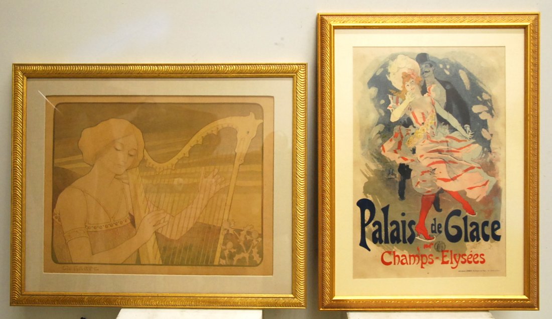 TWO ART NOUVEAU LITHOGRAPH POSTERS IN COLOR, CIRCA 1900: TWO ART NOUVEAU LITHOGRAPH POSTERS both circa 1900, "La Harpe" Ateliier Paur Berthon, Imp. Chaix, and "Palais de Glace, Champs-Elysees" Imprimerie Chaixeach a lithograph in color23 by 15 in. (site),