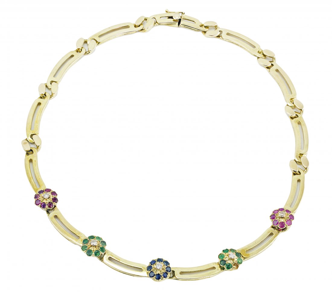 14K GOLD RUBY, EMERALD, SAPPHIRE & DIAMOND NECKLACE: 14K GOLD RUBY, EMERALD, SAPPHIRE & DIAMOND, NECKLACE gr wt approx 25 dwts, length 15 inches