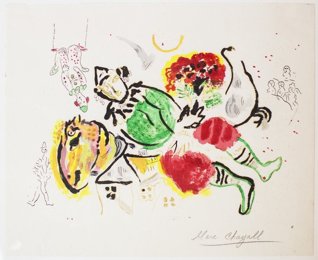 AFTER MARC CHAGALL, (RUSSIAN) UNTITLED, BOOK PLATE: AFTER MARC CHAGALL, (Russian) "Le Cirque Ambulant", published originally 1969 signed Chagall in the plate, lower right lithograph/probable plate from a book, (left edge and upper edge unfinished) 8 1/