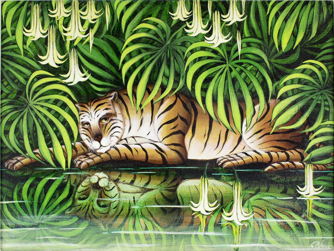 GUSTAVO NOVOA, (Chilean, b. 1941) PENSIVE TIGER: GUSTAVO NOVOA, (Chilean, b. 1941) Pensive Tiger signed G Novoa, l.r., titled on the reverse oil on canvas 12 by 16 in. Provenance: Wally Findlay Gallery, Chicago, Palm Beach, New York and Paris