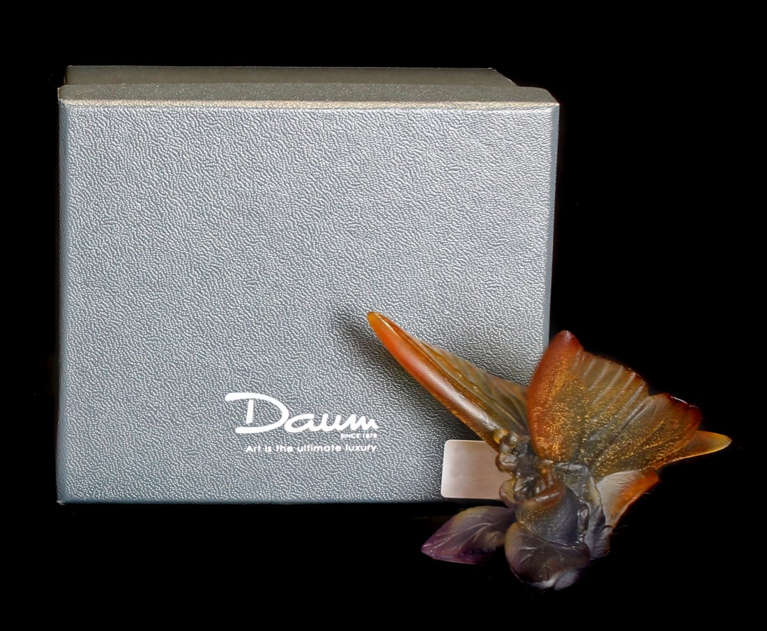 DAUM FRANCE 'HENAE MORI BUTTERFLY': DAUM FRANCE Modern 'HENAE MORI BUTTERFLY' An amber yellow and frosted glass butterfly, 2.5 in. (6.35 cm.) high signed DAUM FRANCE