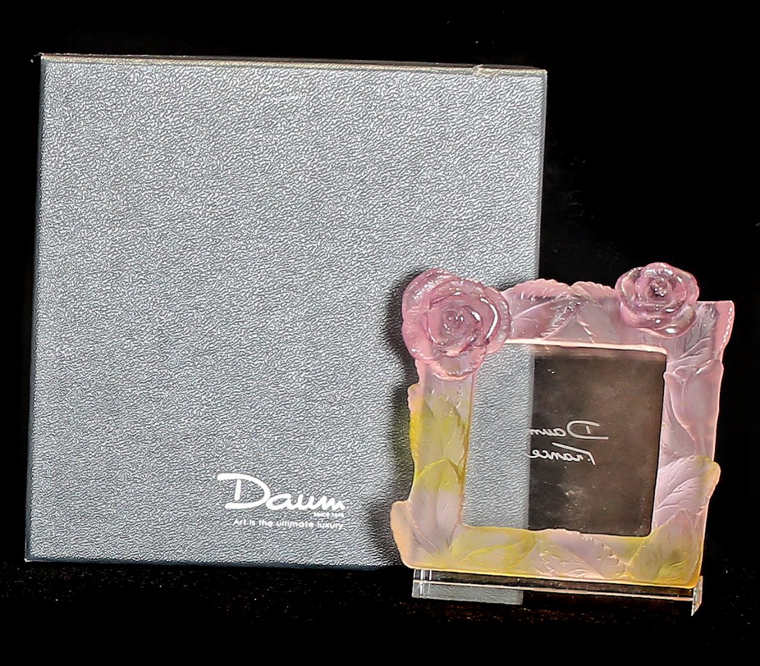 DAUM FRANCE YELLOW AND FROSTED GLASS PICTURE FRAME: DAUM FRANCE Modern 'CADRE POV - ROSE ROSES' A pink,yellow and frosted glass picture frame, 4 in. (10.16 cm.) high signed DAUM FRANCE