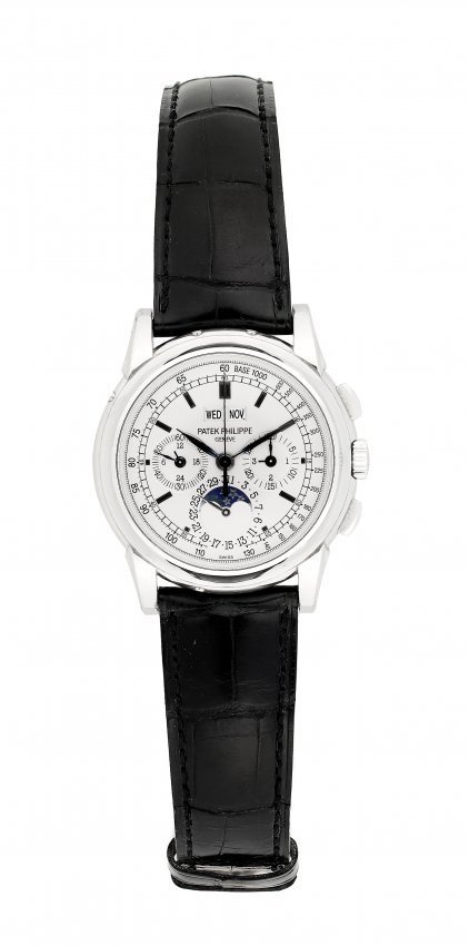 PATEK PHILIPPE 18K WHITE GOLD PERPETUAL CALENDAR: PATEK PHILIPPE 18K WHITE GOLD PERPETUAL CALENDAR MOONPHASE 5970G-001 Swiss. Dial, case and movement signed. Manual Movement No. 3048408/4382772. Matte silver dial with applied indexes, on a Patek Phil