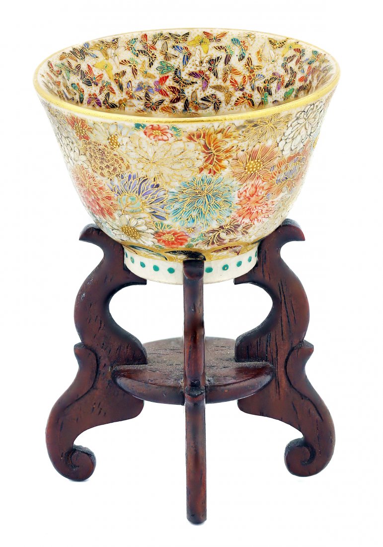 FINE SATSUMA SAKE CUP, JAPANESE, YABU MEIZAN: Property of A Palm Beach Gentleman FINE SATSUMA SAKE CUP, JAPANESE, YABU MEIZAN, Meiji period (1868-1912)Of compressed form painted to the interior with "1000" butterflies, the exterior with gilt flow